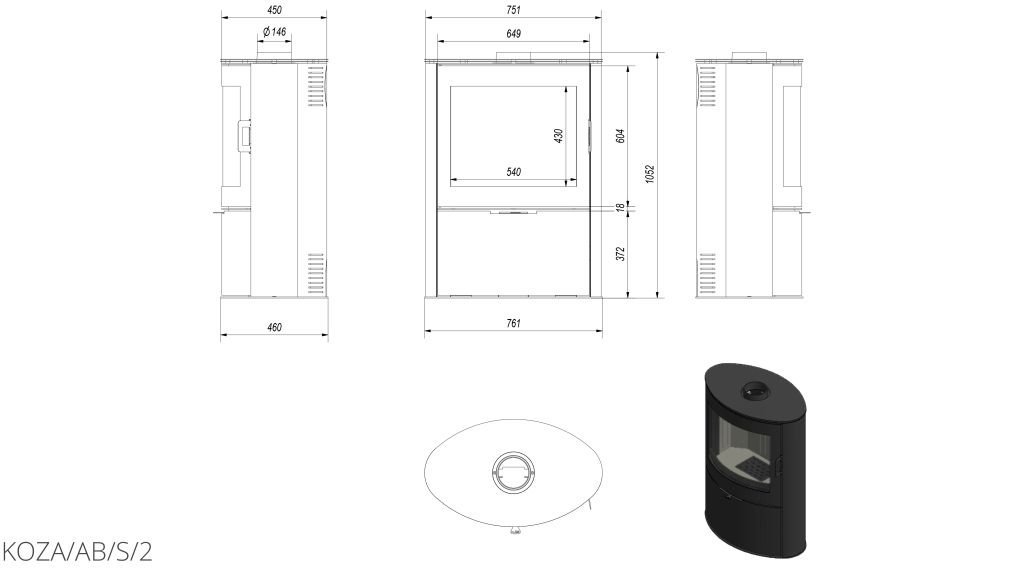 Kratki Kaminofen Koza AB S/2 | gebogene Scheibe | 10 kW | KOZA/AB/S/2 – Ansicht 6