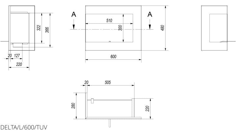 Kratki Biokamin Delta 600 Eckkamin rechts/links | wahlweise + Glas – Ansicht 12