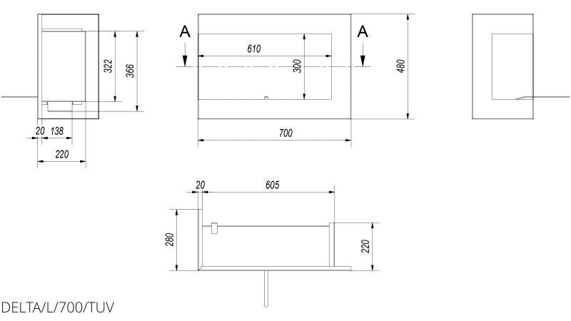 Kratki Biokamin Delta 700 Eckkamin rechts/links | wahlweise + Glas – Ansicht 12