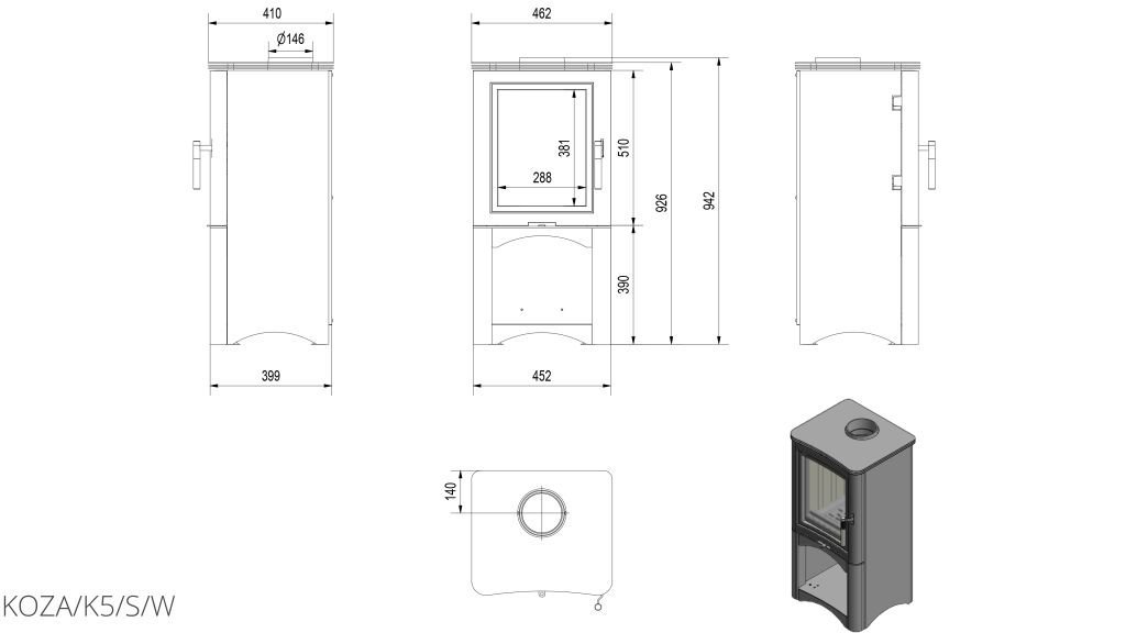 Kratki Kaminöfen Koza K5 S/W | mit Holzablagefach | 7 kW | KOZA/K5/S/W – Ansicht 6